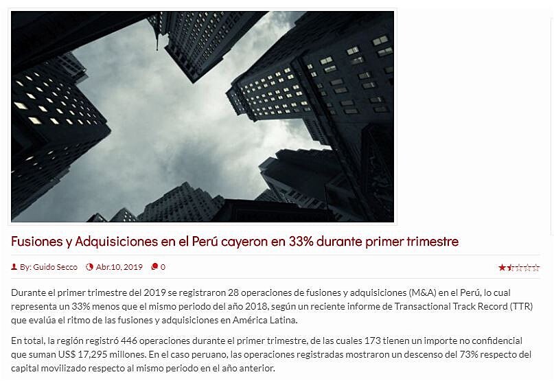 Fusiones y Adquisiciones en el Per cayeron en 33% durante primer trimestre